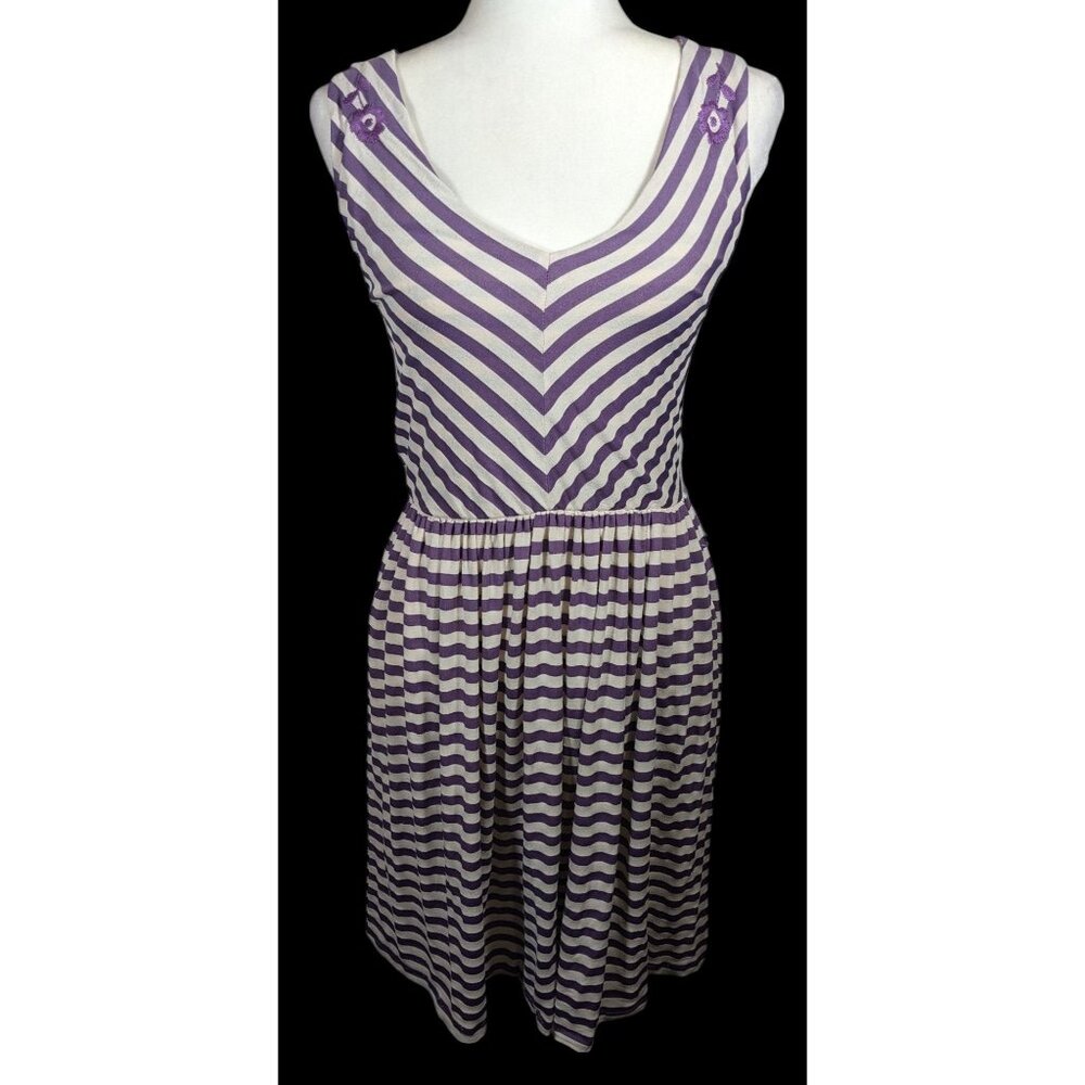 Knitted Dove Cottagecore Purple And White striped Dress With Floral Embroidered